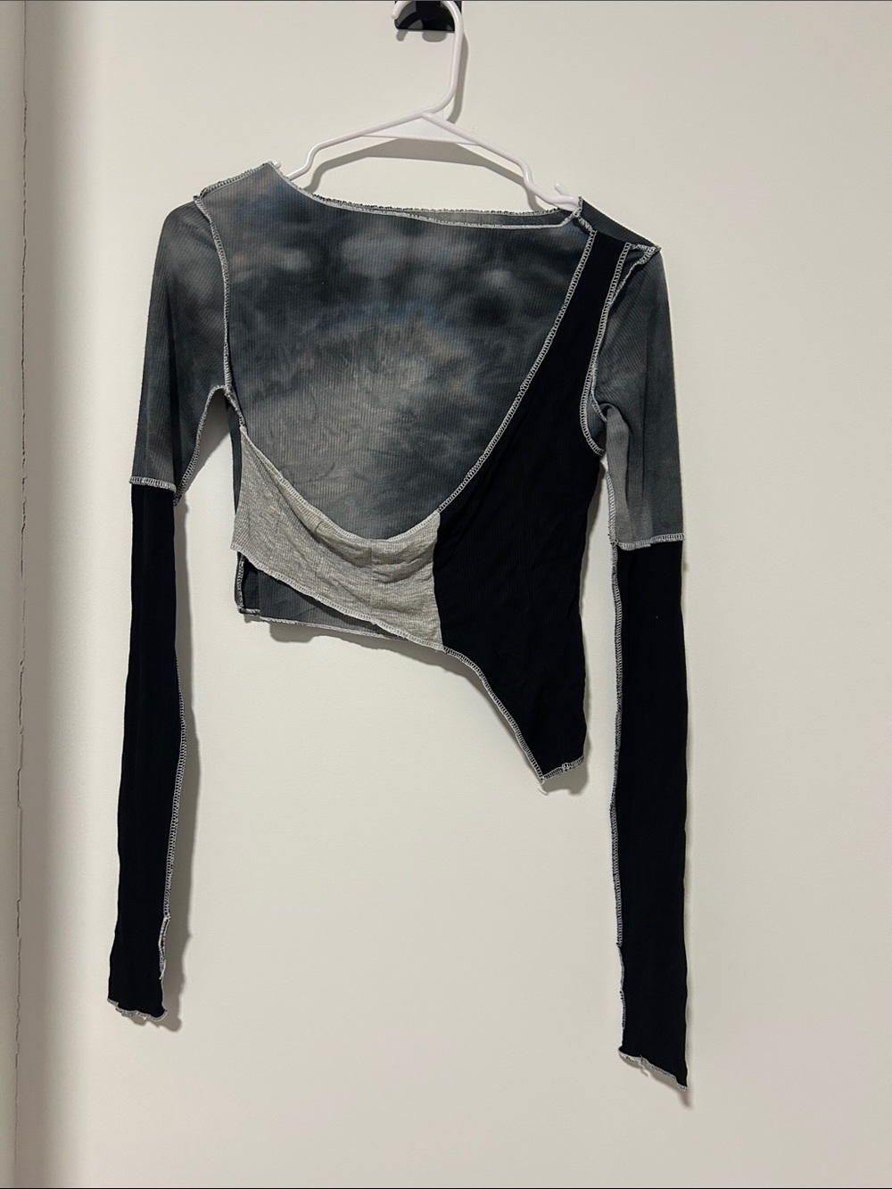 Women’s Asymmetric Long-Sleeve Patchwork Top - Gray & Black